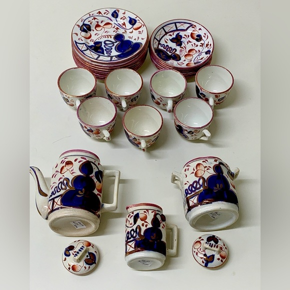19th Century Vtg Gaudy Welsh Oyster Pattern 25 Piece Miniature Child’s Tea Set - Picture 14 of 16